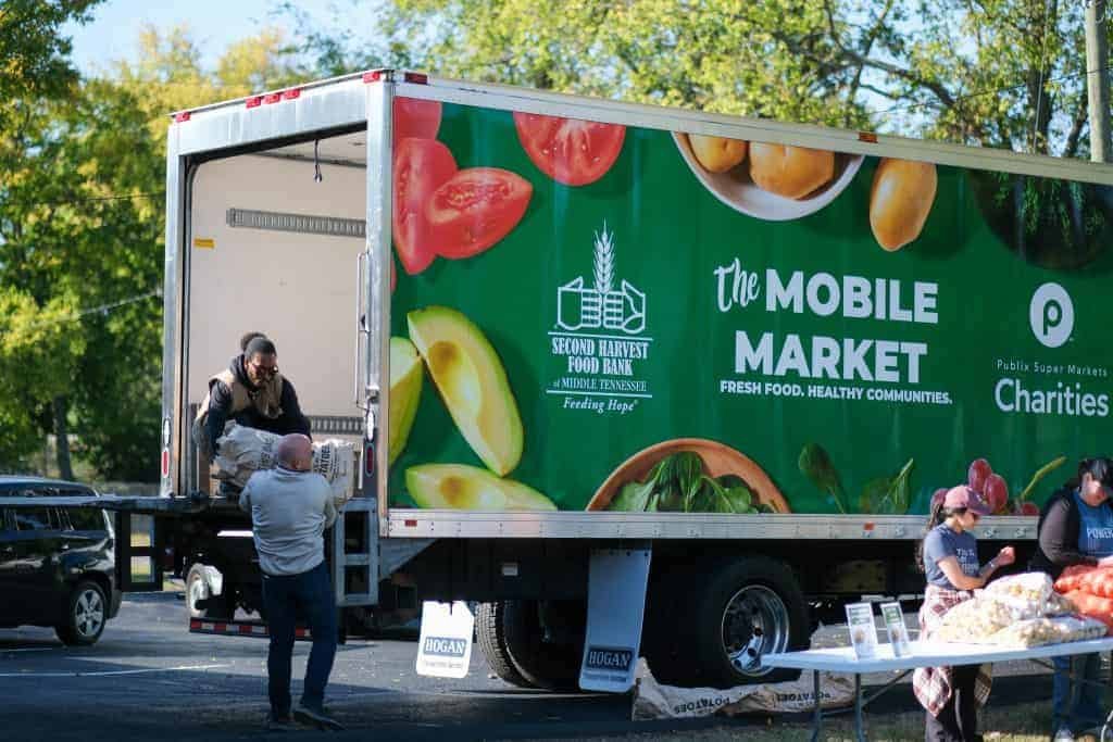 A brightly colored Mobile Market truck is parked outdoors. People unload food from the truck and set up tables with produce. The truck is labeled “Second Harvest Food Bank” and “Charities.” Trees and sunlight are in the background.