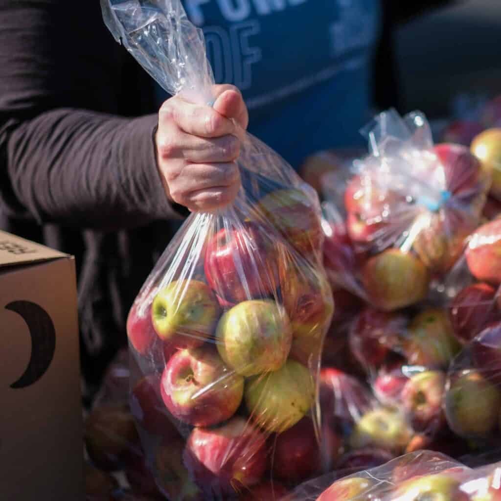 A person holds a clear plastic bag filled with red and green apples, surrounded by other similar bags and a cardboard box.