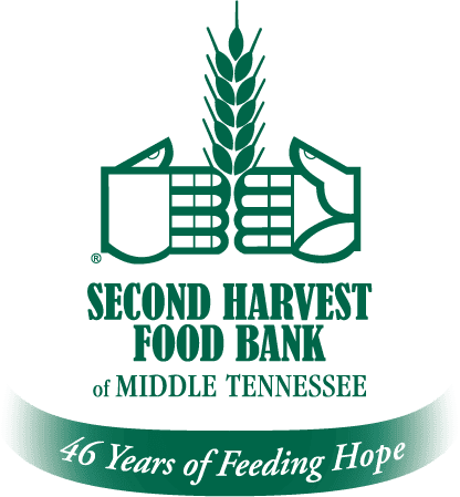 The logo for Second Harvest Food Bank of Middle Tennessee features two stylized hands holding wheat, with the text 46 Years of Feeding Hope on a green banner below.