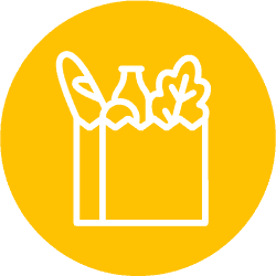 A white line drawing of a grocery bag filled with a loaf of bread, a bottle, and leafy greens on a yellow background.