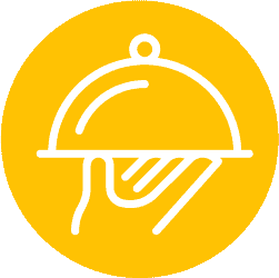 A white line drawing of a hand holding a covered food tray, set against a bright yellow circular background.