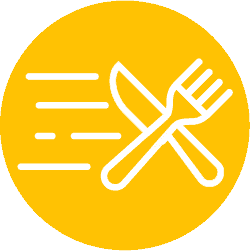 A yellow circle with a white outline of a fork and knife crossed, accompanied by three speed lines on the left, symbolizing fast food or food delivery service.