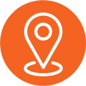 A white location pin icon inside a white circle, centered on an orange circular background.