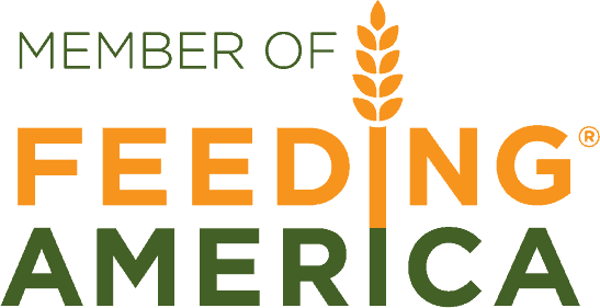 Member of Feeding America logo, with the word ‘Feeding’ in orange, featuring a wheat stalk as the letter ‘I’, and ‘America’ in green below.