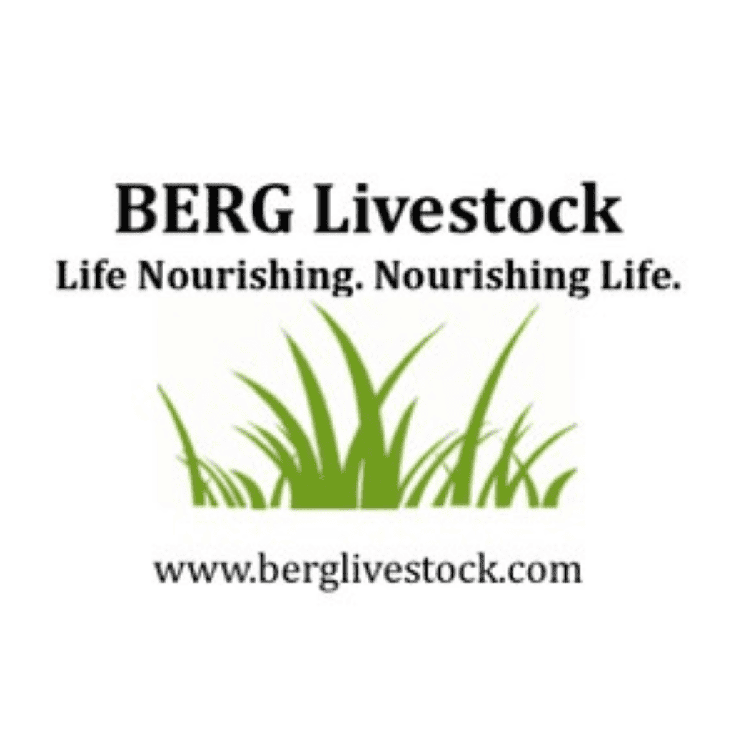 Logo for BERG Livestock featuring the text Life Nourishing. Nourishing Life. above green grass illustration, with website address www.berglivestock.com below.