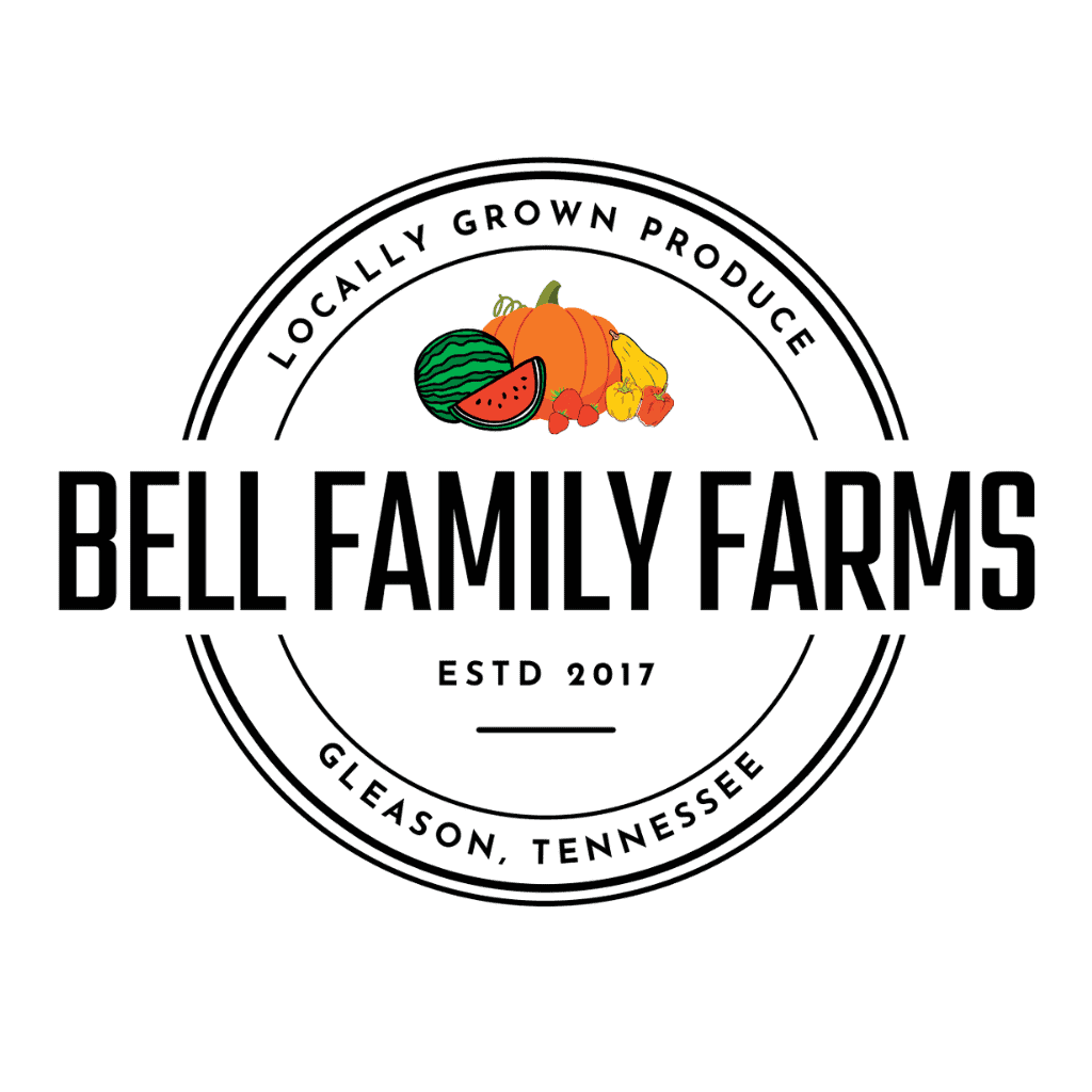 A circular logo for Bell Family Farms featuring an illustration of assorted vegetables, the words Locally Grown Produce, Bell Family Farms, Estd 2017, and Gleason, Tennessee.