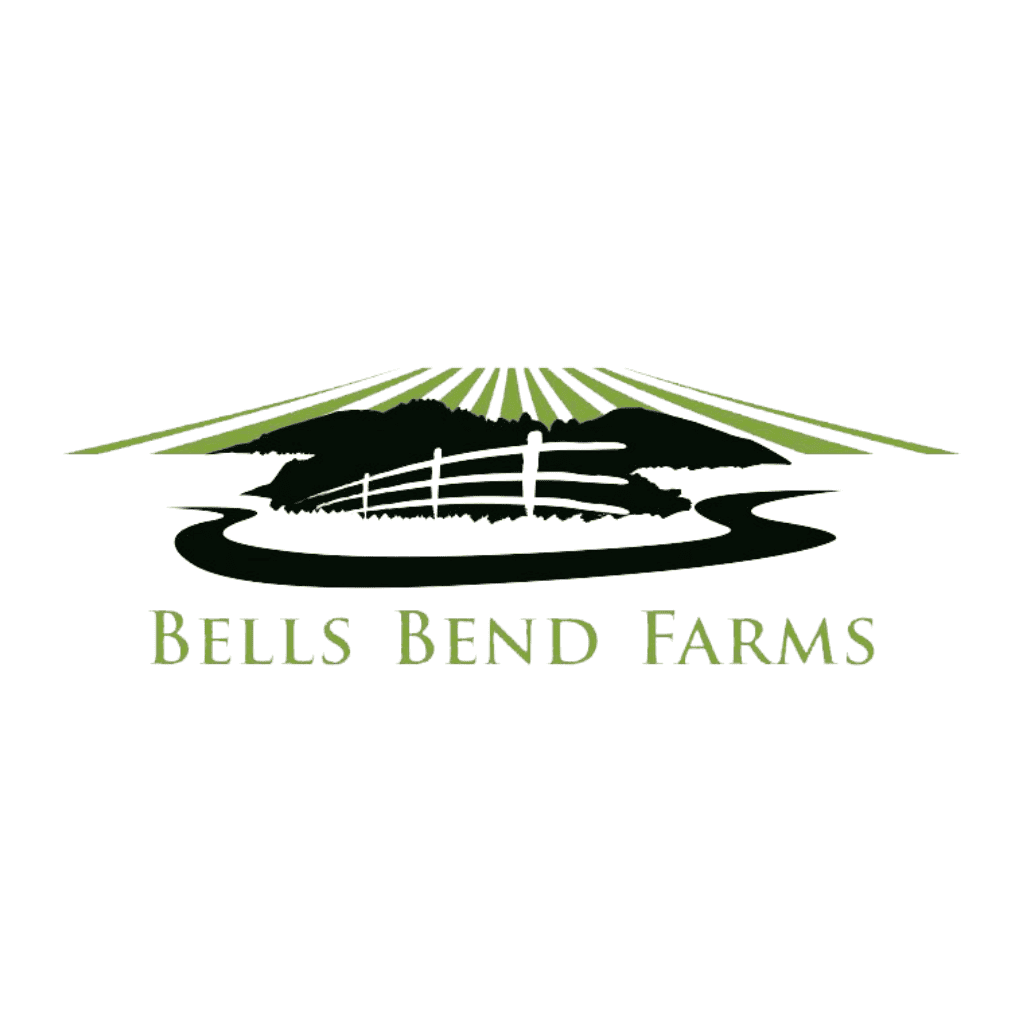 Logo for Bells Bend Farms featuring a green landscape with a fence, trees, and fields in the background. The farm name is written below in green capital letters.