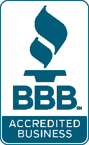 Blue logo with a torch flame above the letters BBB and the words Accredited Business below, indicating accreditation from the Better Business Bureau.