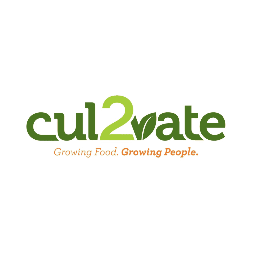 Logo for cul2vate with the number 2 and a leaf replacing the v. Below, the tagline reads Growing Food. Growing People. in green and orange text on a white background.