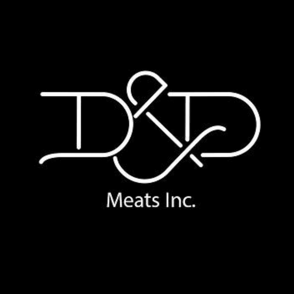 White, stylized text forming D & P in a unique, looping font above the words Meats Inc. on a solid black background.