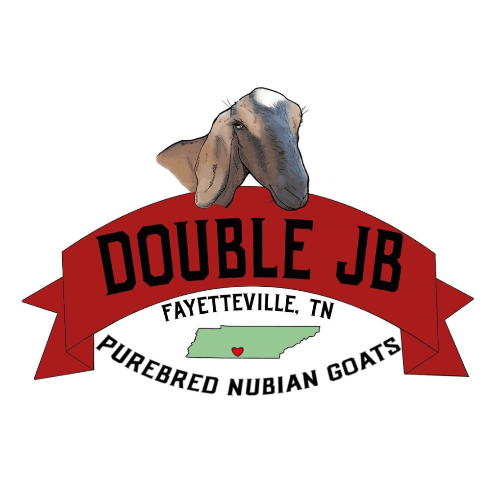 Logo with a goats head above a red ribbon reading DOUBLE JB. Below, text says Fayetteville, TN and Purebred Nubian Goats with a green map of Tennessee and a small red heart.