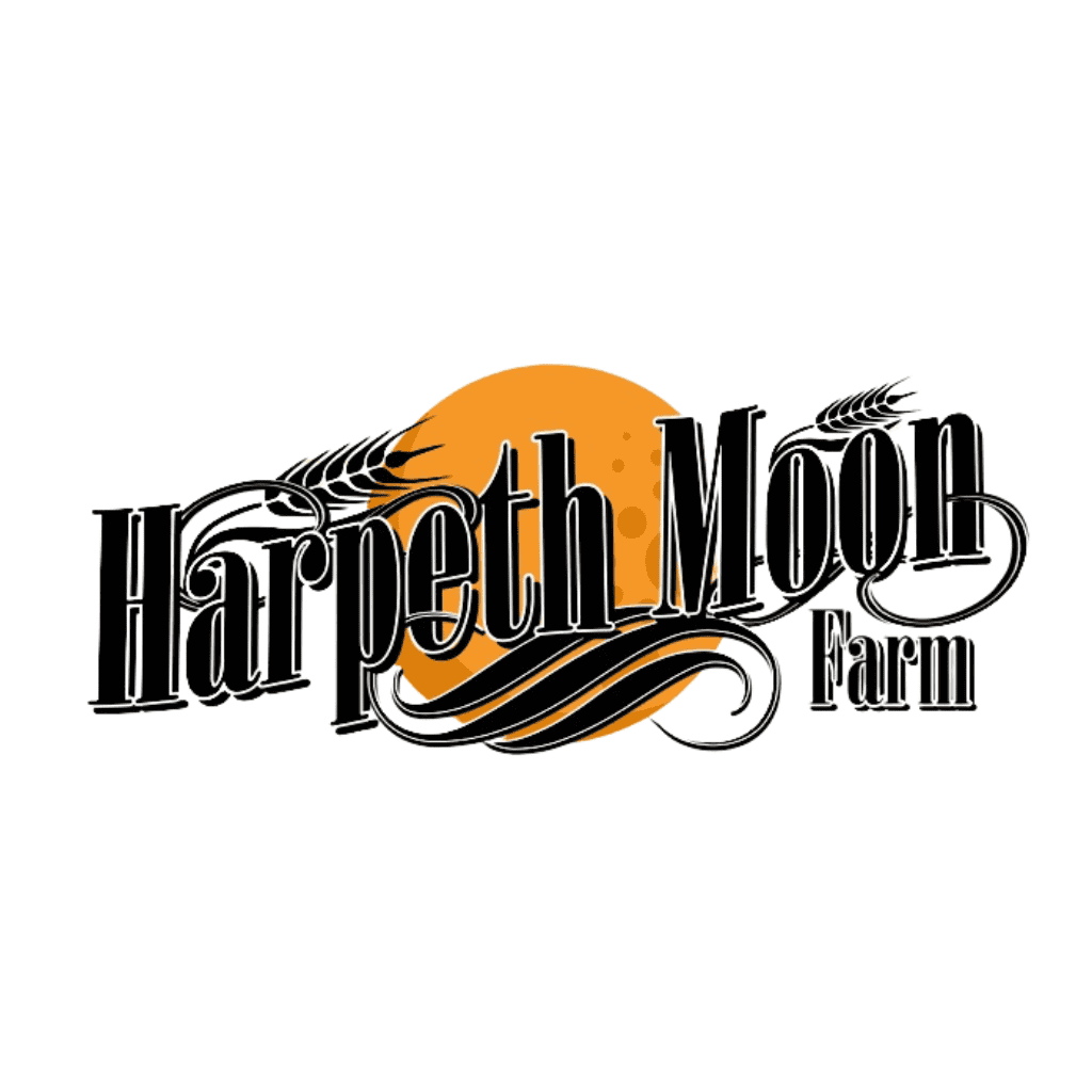 Logo for Harpeth Moon Farm with stylized black text, decorative wheat stalks, and swirling lines, set in front of an orange moon graphic on a white background.
