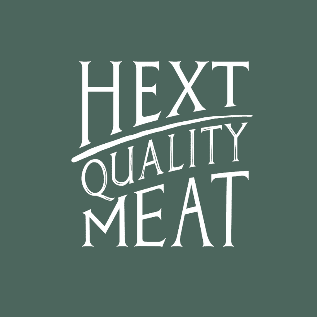 White text on a green background reads: HEXT QUALITY MEAT with QUALITY written in a slightly curved style between the words HEXT and MEAT.
