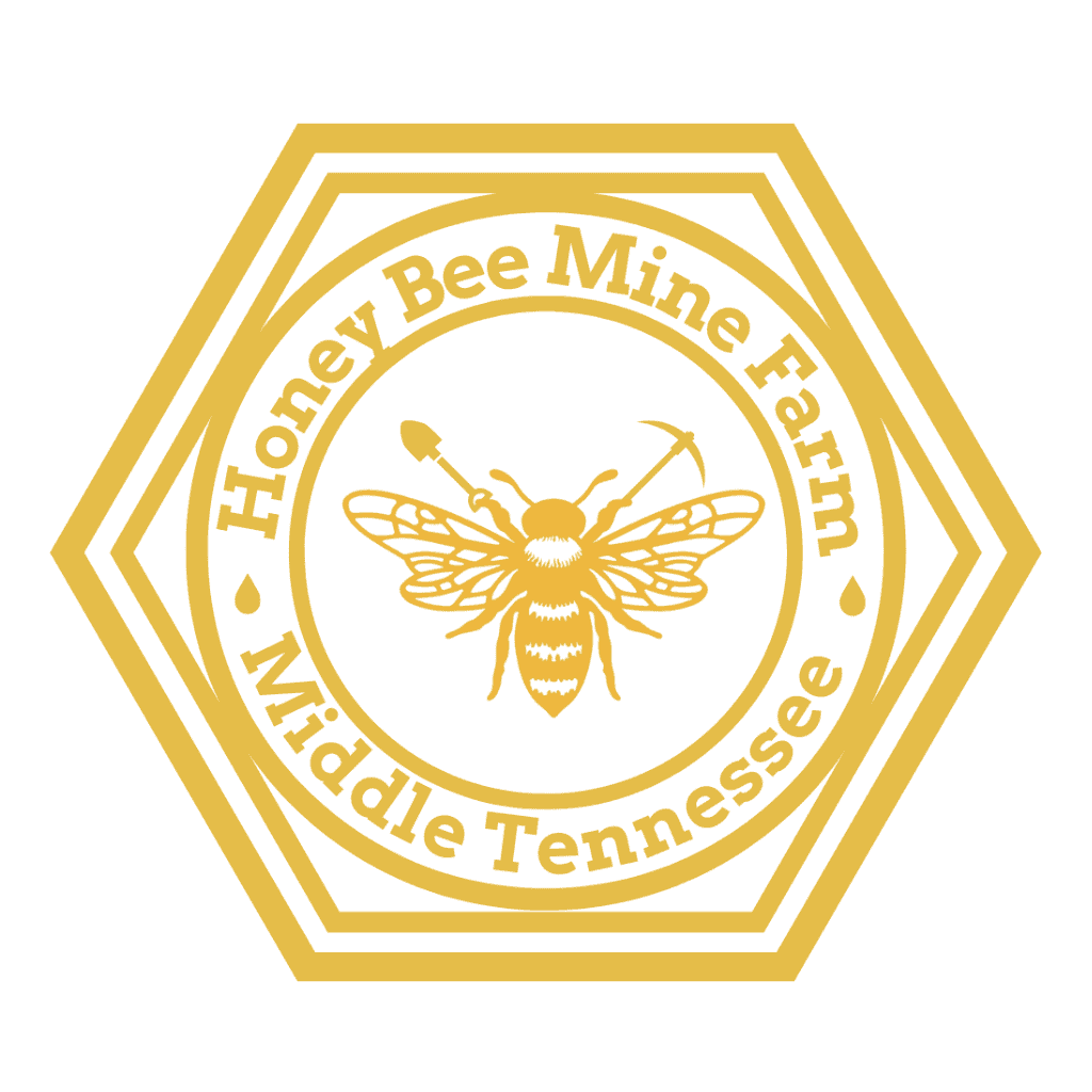 A yellow hexagonal logo with a bee in the center. Text around the bee reads “Honey Bee Mine Farm” at the top and “Middle Tennessee” at the bottom.