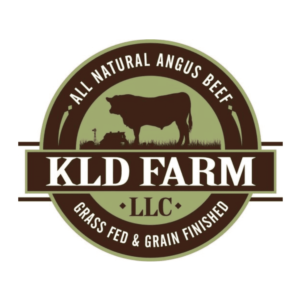 A circular logo for KLD Farm LLC featuring a silhouette of a cow, a barn, and a windmill. Text reads: All Natural Angus Beef, Grass Fed & Grain Finished. Colors are green, brown, and white.