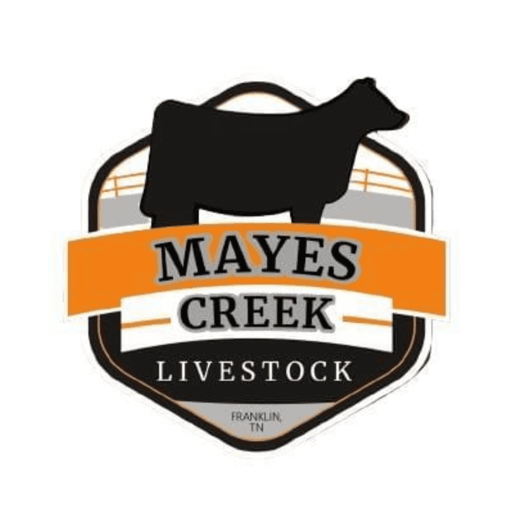 A logo for Mayes Creek Livestock features a black silhouette of a cow above the text Mayes Creek Livestock on a shield-shaped background with orange, gray, and black sections. Franklin, TN is written at the bottom.