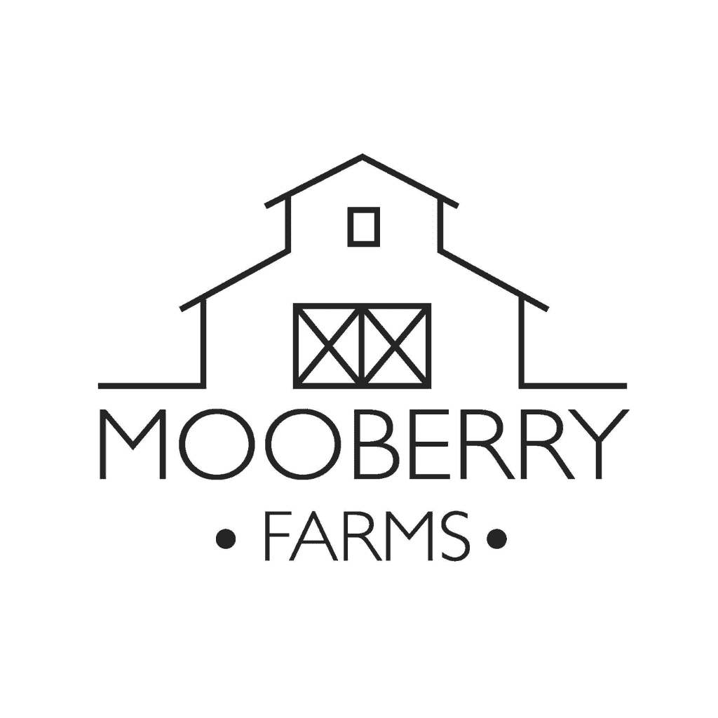 Minimalist black outline of a barn above the words “MOOBERRY FARMS” in uppercase letters, with a dot on either side of “FARMS,” all on a white background.