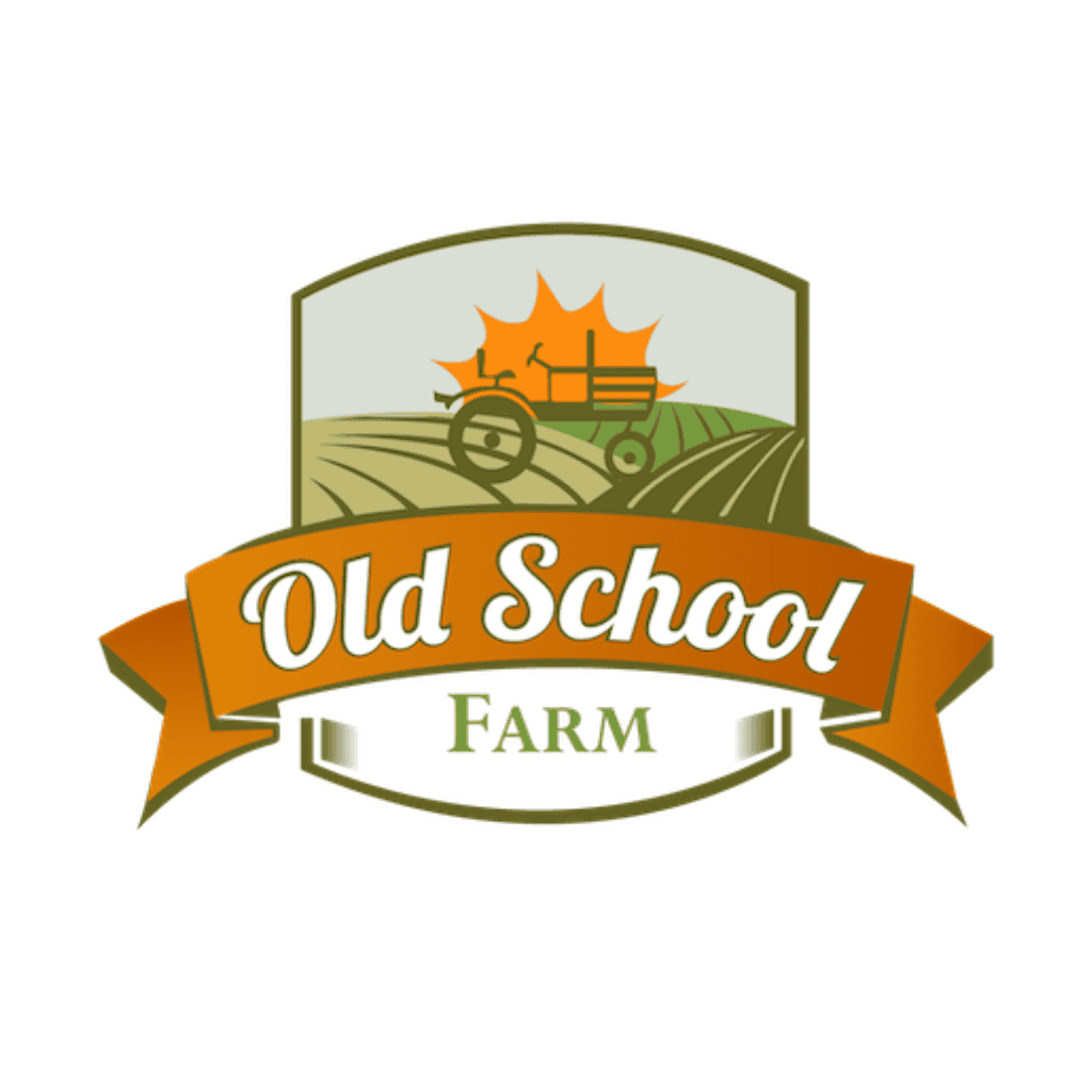 A logo featuring an orange ribbon with the words Old School in white script and Farm below in green. Above, a stylized illustration shows a farm field, tractor, and orange sun.