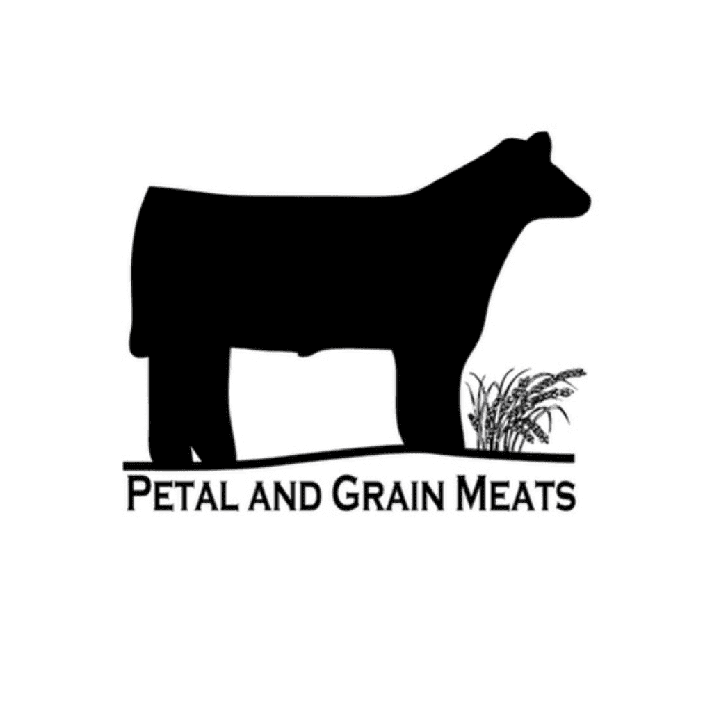 A black silhouette of a cow standing on grass with stalks of grain, above the text Petal and Grain Meats in bold capital letters, all on a white background.