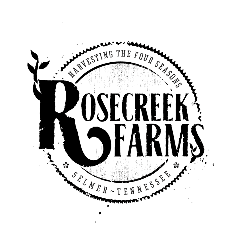 Black and white circular logo for Rosecreek Farms with a large R featuring a sprouting leaf. Text reads Harvesting the Four Seasons and Selmer, Tennessee. The design has a rustic, stamped effect.