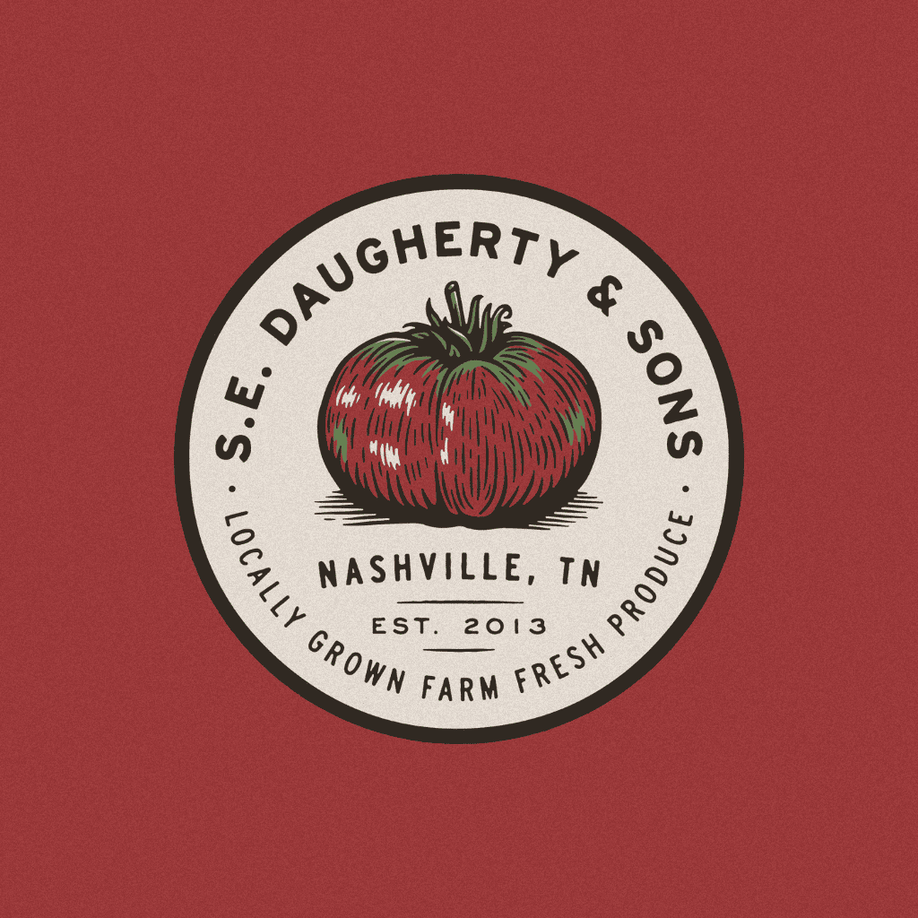 A circular logo with a red and green tomato illustration in the center, surrounded by the text “S.E. Daugherty & Sons,” “Nashville, TN,” “Est. 2013,” and “Locally Grown Farm Fresh Produce” on a red background.