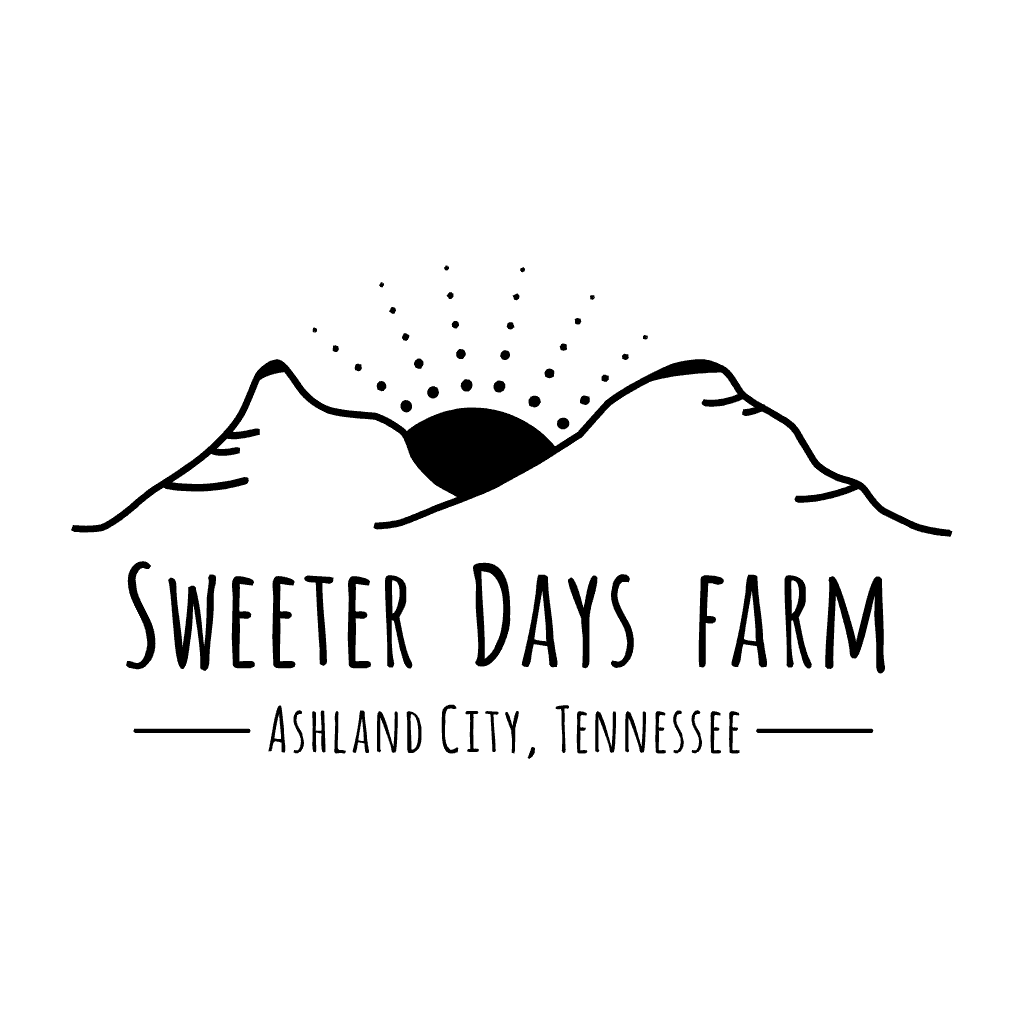 Logo for Sweeter Days Farm featuring a stylized mountain range with the sun rising or setting behind it, with rays extending outward. Text below reads Sweeter Days Farm, Ashland City, Tennessee.