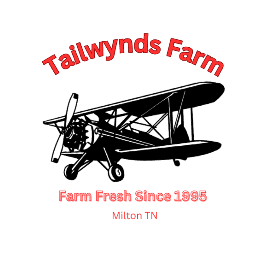 Logo with a black and white biplane illustration. Text above reads Tailwynds Farm and below reads Farm Fresh Since 1995 and Milton TN in red letters.