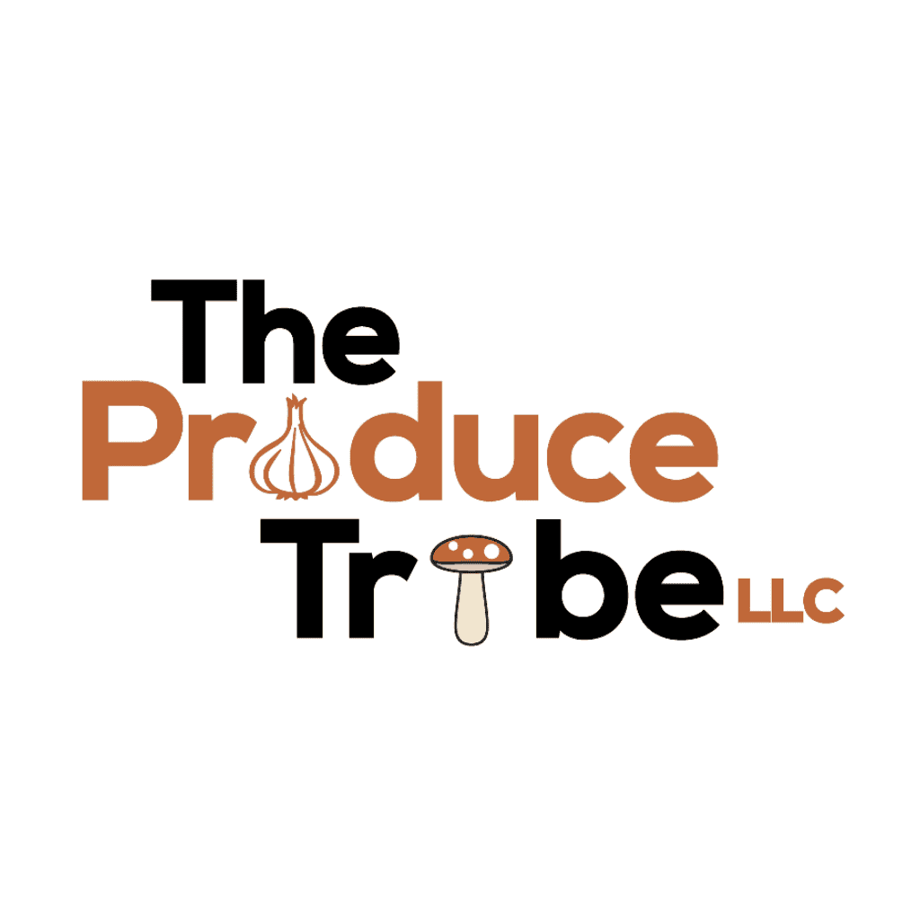 Logo for The Produce Tribe LLC with Produce in brown, featuring a garlic bulb for the o, and Tribe in black, with a mushroom replacing the i. LLC appears in brown to the right.