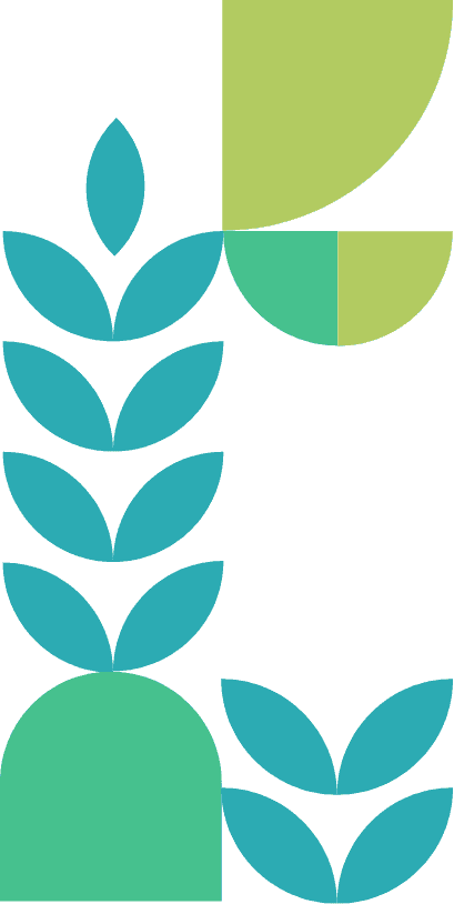 Abstract design with teal leaves arranged in vertical rows on a turquoise background, and geometric yellow-green shapes, including a half circle and quarter circles, in the top right and bottom left corners.
