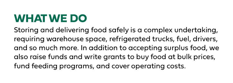 Text reads, WHAT WE DO. Storing and delivering food safely is a complex undertaking, requiring warehouse space, refrigerated trucks, fuel, drivers, and more. We also raise funds and write grants to buy food and cover costs.