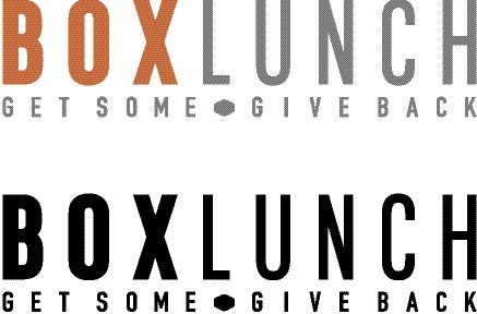 BOX LUNCH logo shown in two styles: top with BOX in orange and LUNCH in gray, and bottom with both in black. Both include the tagline GET SOME • GIVE BACK underneath.