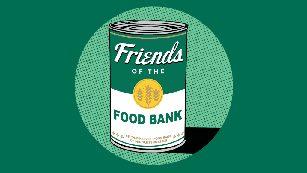 Illustration of a canned food item labeled “Friends of the Food Bank” with a yellow wheat symbol, against a green dotted background. The can promotes the Second Harvest Food Bank of Middle Tennessee.
