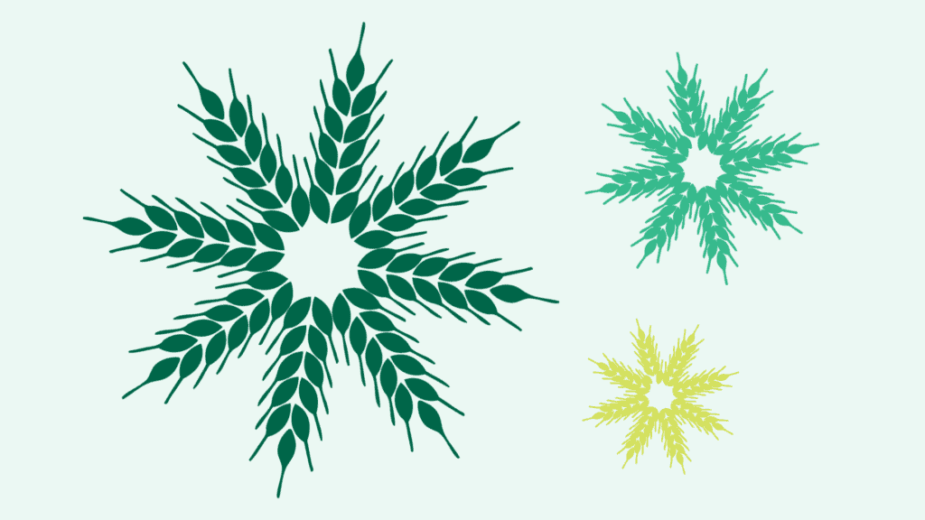 Three stylized, geometric flower shapes resembling wheat or grain heads arranged in a starburst pattern, colored dark green, light green, and yellow, on a pale background.