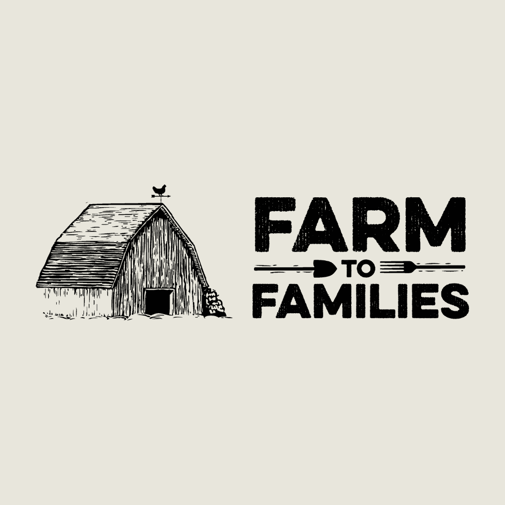 Illustration of a barn with a chicken on the roof next to bold text reading Farm to Families with a fork graphic between to and FAMILIES on a light background.