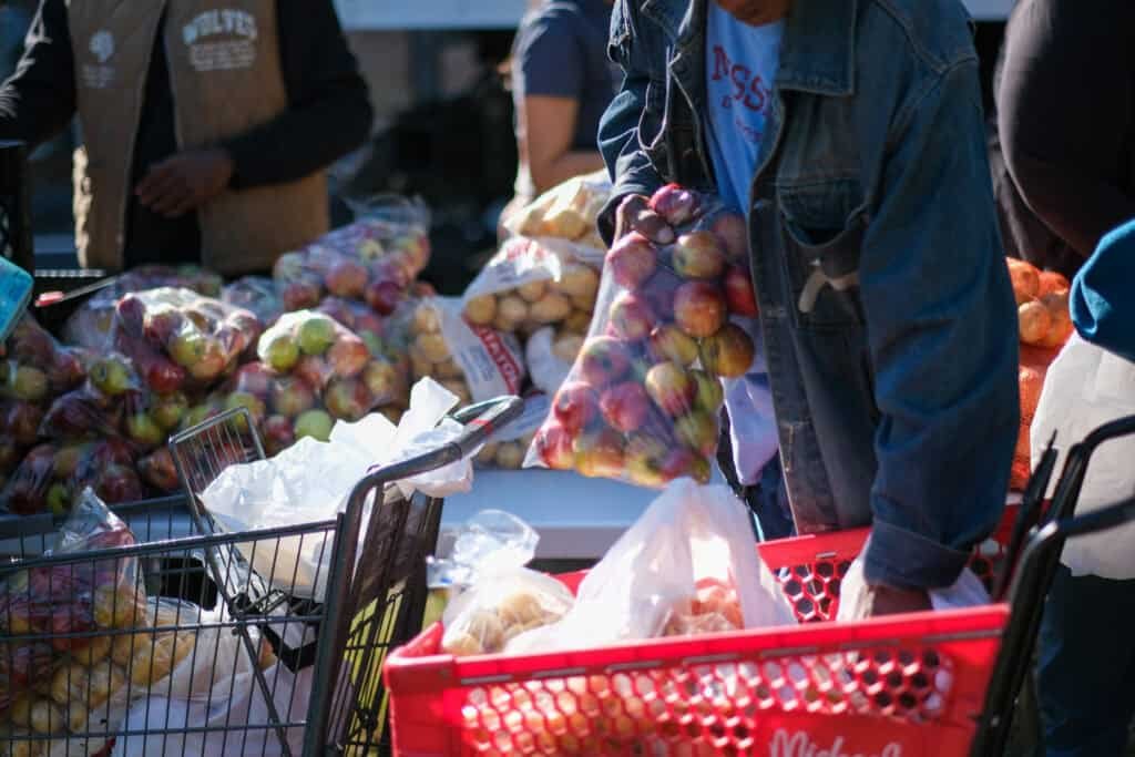 People place bags of apples and potatoes into shopping carts at an outdoor food distribution event. Clear plastic bags of produce are visible on a table and in carts. The scene is brightly lit by sunlight.