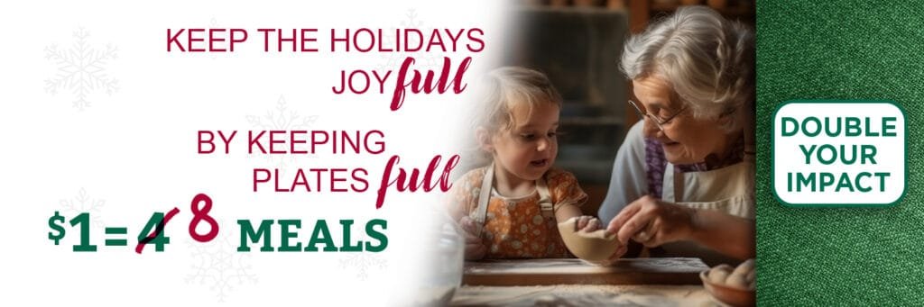 An elderly woman and a young child bake together, smiling at a kitchen table. Text reads Fighting Hunger this Holiday with Nissan: Keep the holidays joyful by keeping plates full. $1 = 4 8 meals. Double your impact. Green textured section on the right.