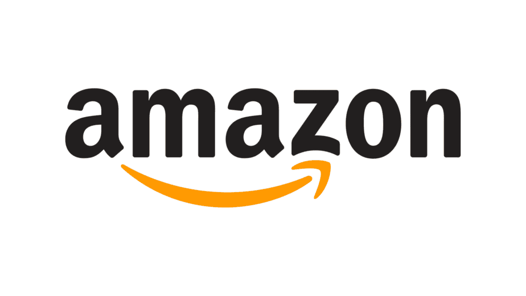 The Amazon logo features the word amazon in bold, black lowercase letters, with a curved yellow arrow underneath, pointing from the letter a to the letter z, resembling a smile. The background is white.