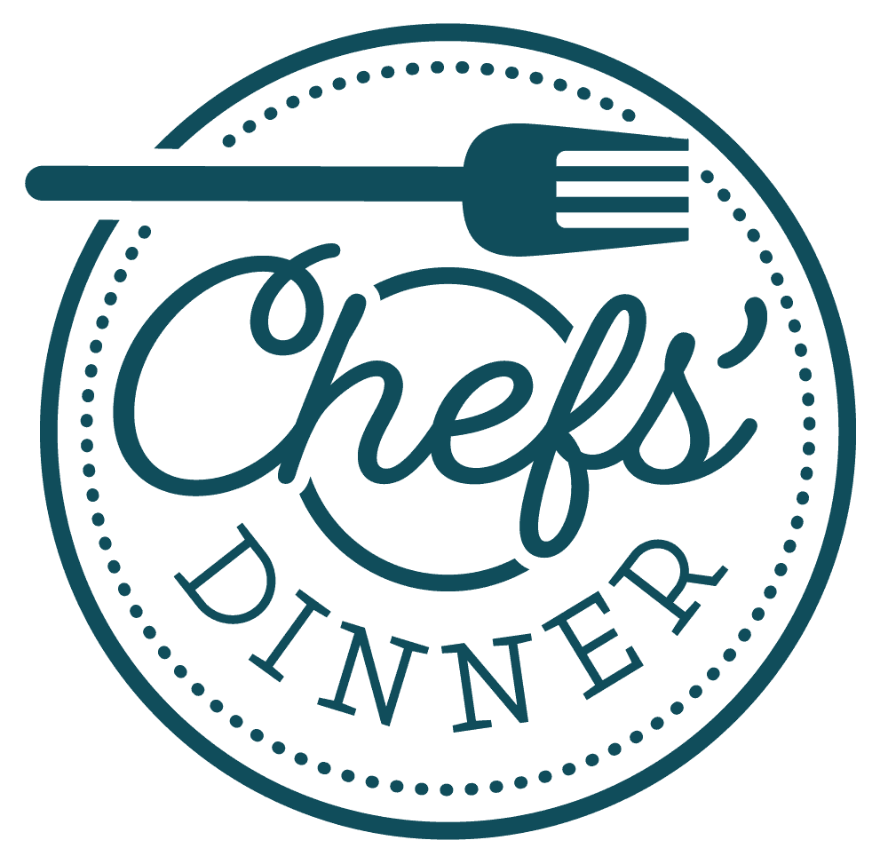 A circular logo with the words Chefs Dinner in stylized script, surrounded by dotted lines. A fork forms part of the circle at the top of the logo. The design is in dark teal.