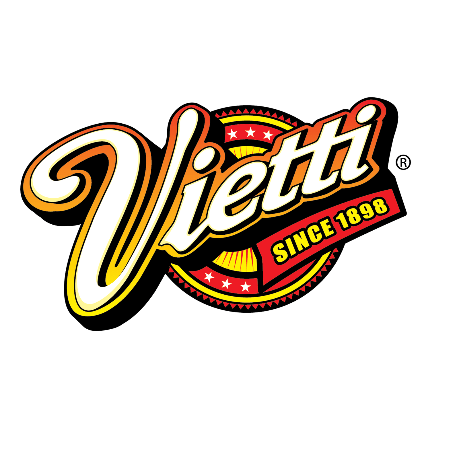 Logo for Vietti with bold, stylized yellow and white lettering outlined in black. A red banner below reads SINCE 1898 in yellow letters, set against a circular background with stars.