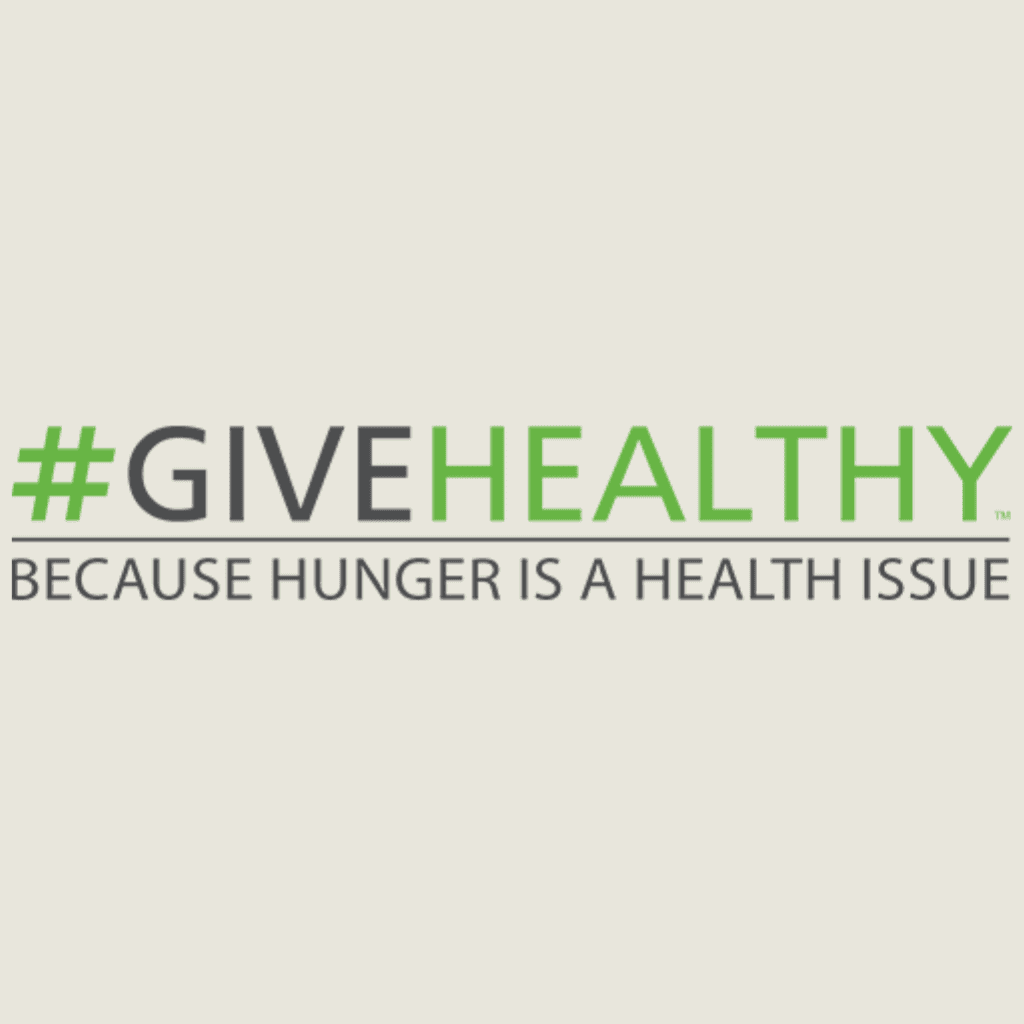 White background with the bold hashtag #GIVEHEALTHY in gray and green text. Below, in smaller gray letters, it says BECAUSE HUNGER IS A HEALTH ISSUE.