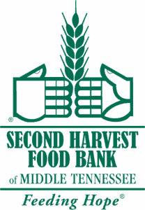 Green logo with two stylized hands cupping a sheaf of wheat above the text: SECOND HARVEST FOOD BANK of MIDDLE TENNESSEE Feeding Hope.