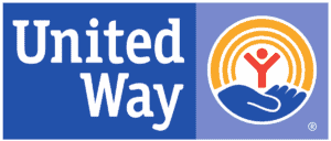 United Way logo featuring “United Way” in bold white text on a blue background next to a circular graphic of a red person with raised arms above an open blue hand and yellow arcs above.