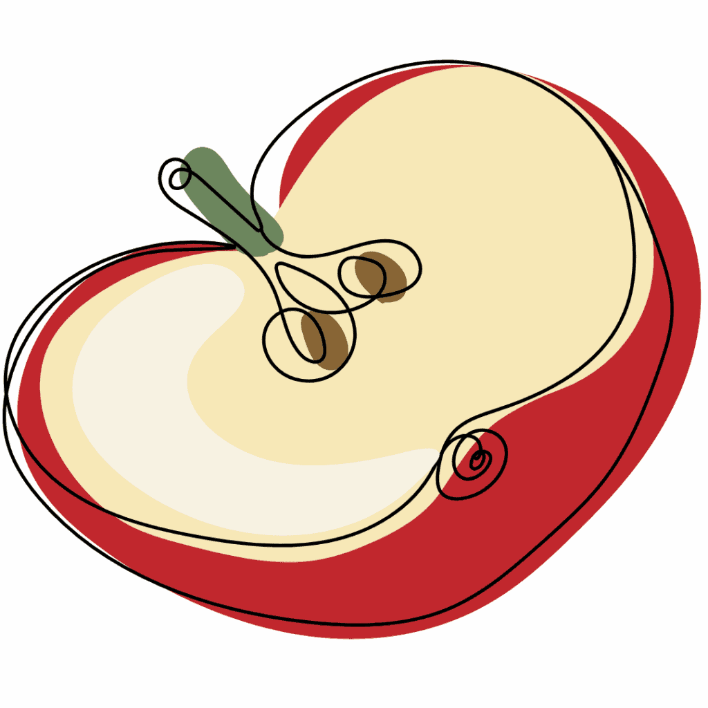 A stylized, abstract illustration of a sliced red apple showing seeds and stem, drawn with bold, continuous lines and flat colors on a white background.