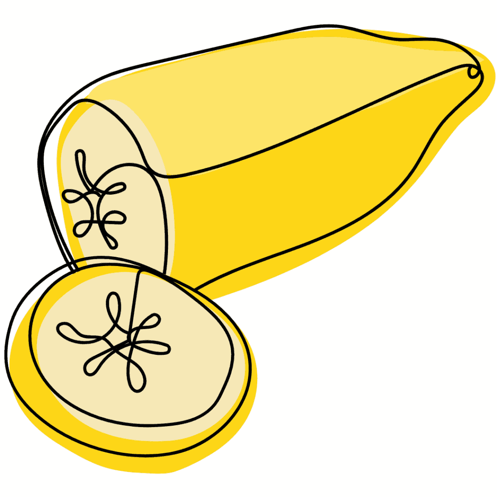 A simple line drawing of a yellow banana, with one end sliced off to show the inside and a round banana slice placed in front.