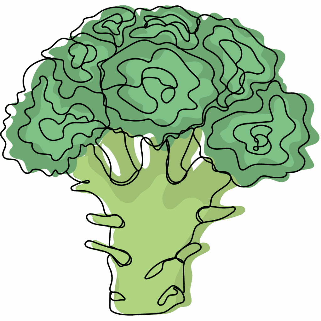 A stylized line drawing of a broccoli head with green florets and a thick light green stalk, featuring bold, wavy outlines and abstract shapes.
