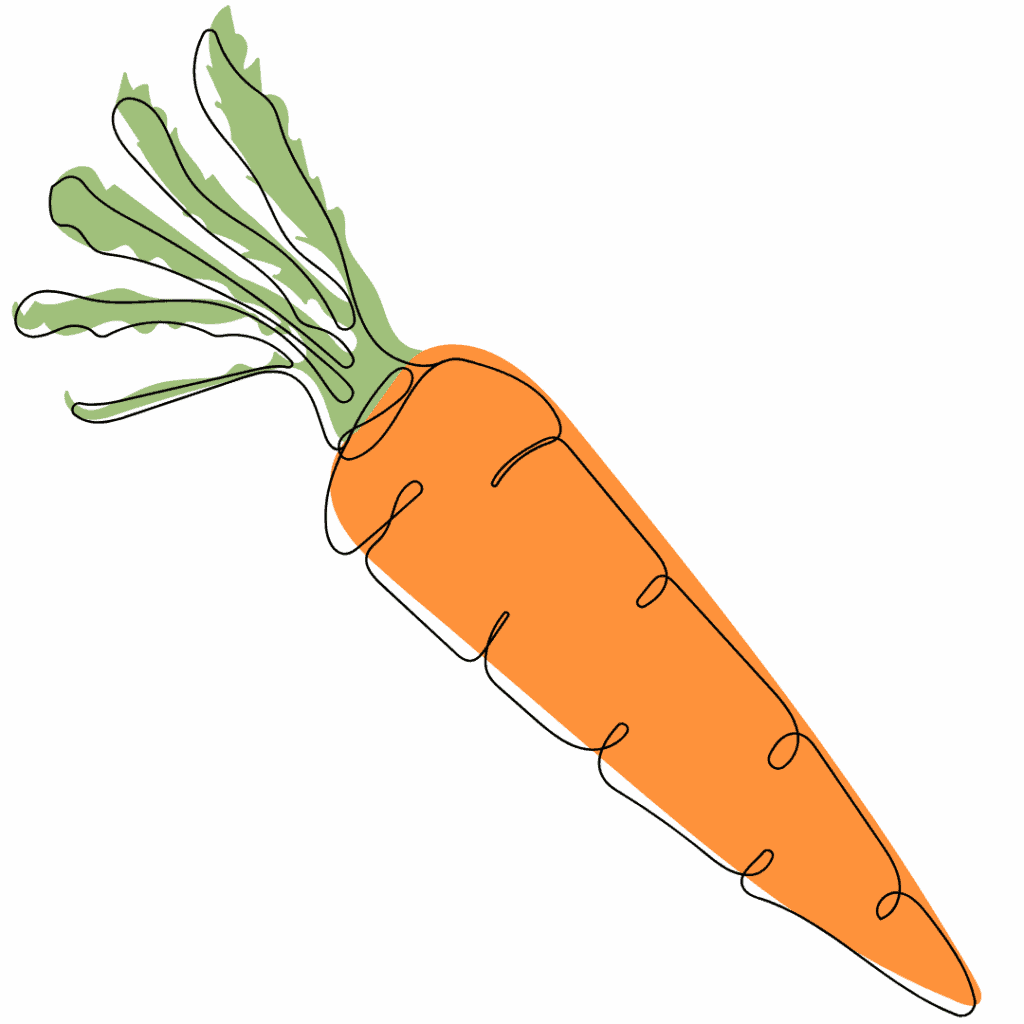 A simple line drawing of an orange carrot with green leafy top, outlined in black, on a white background.