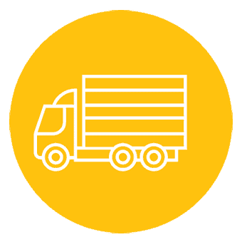 White outline of a delivery truck on a solid yellow circular background.