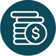White icon of a stack of coins with a dollar sign on one coin, set against a dark teal circular background.