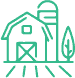 Simple green line drawing of a barn with a silo, a tree beside it, and lines suggesting a field or rays extending from the front of the barn.