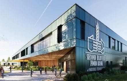 Modern building with a sign reading Second Harvest Food Bank of Middle Tennessee, featuring large windows, an overhanging roof, and people walking outside on a sunny day.